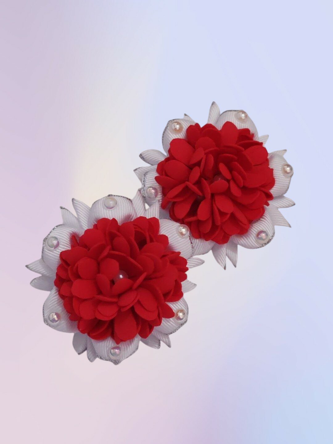 Бантики, из фоамирана, репсовой ленты и бусин, на резинке, для девочек, 2 шт, красный — фото 1