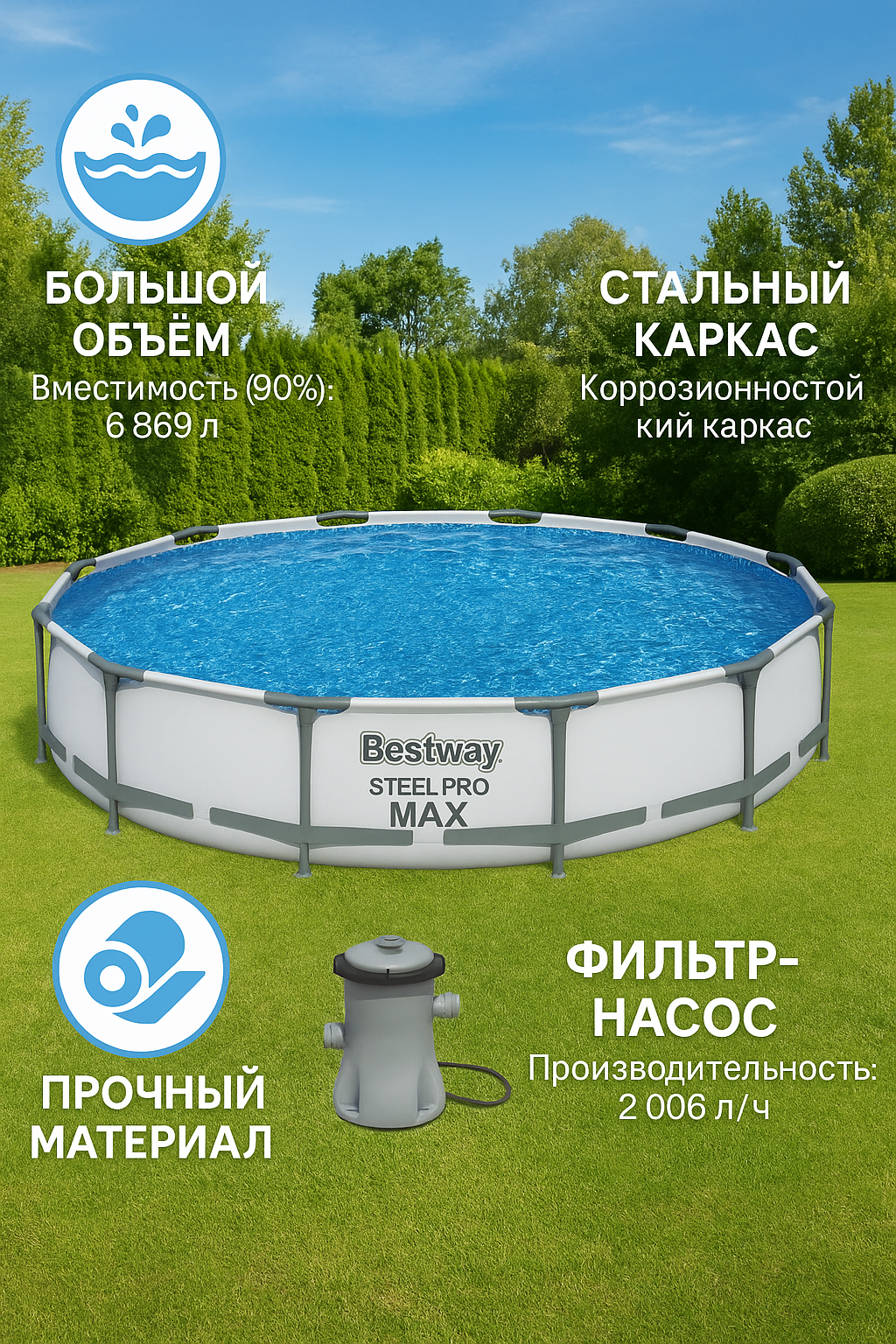 Бассейн каркасный большой Bestway 56416 366 х 76 см Объем 6473 л Круглый С фильтр-насосом 1249 л/ч Серый