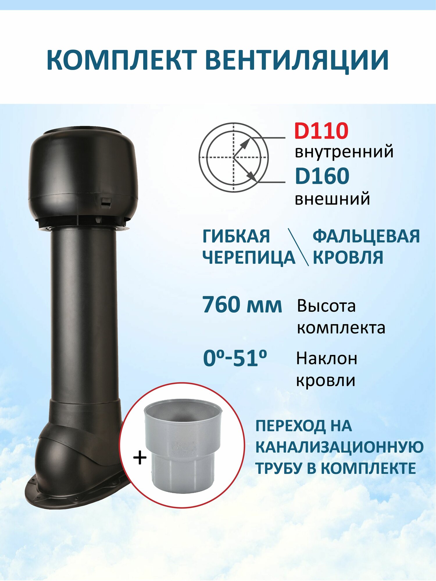 Колпак D160, вент. выход утепленный высотой H-700 с переходом D110, для скатной кровли