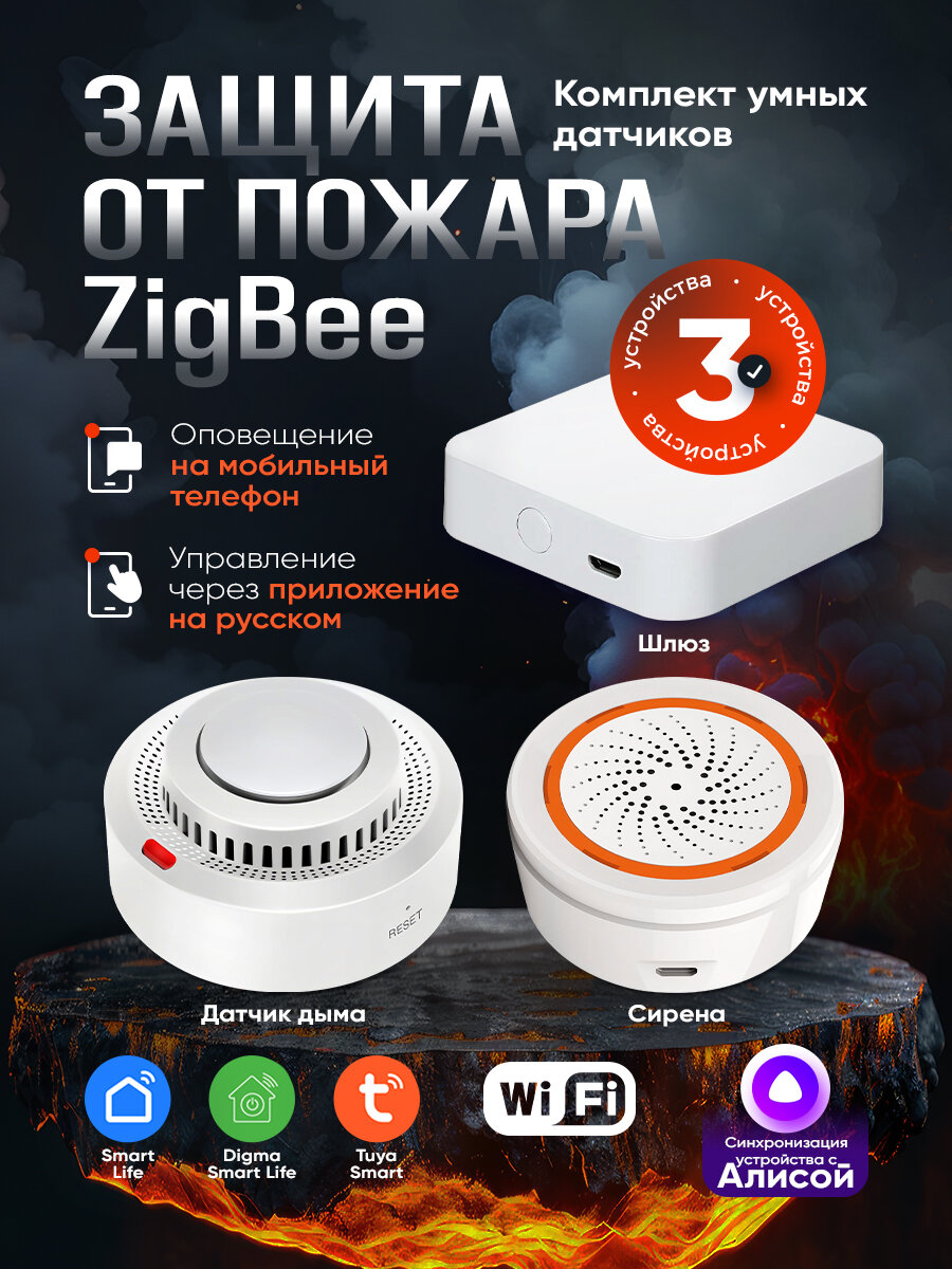 Комплект умный дом, шлюз, датчик дыма, сирена, Zigbee