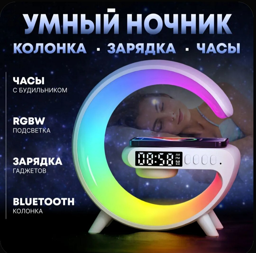 Умный ночник — это современное устройство, которое объединяет в себе часы, зарядное устройство и Bluetooth-динамик. Он обеспечивает удобство благодаря яркой RGBW-подсветке, будильнику, беспроводной зарядке и функциям потоковой передачи музыки. — фото 1