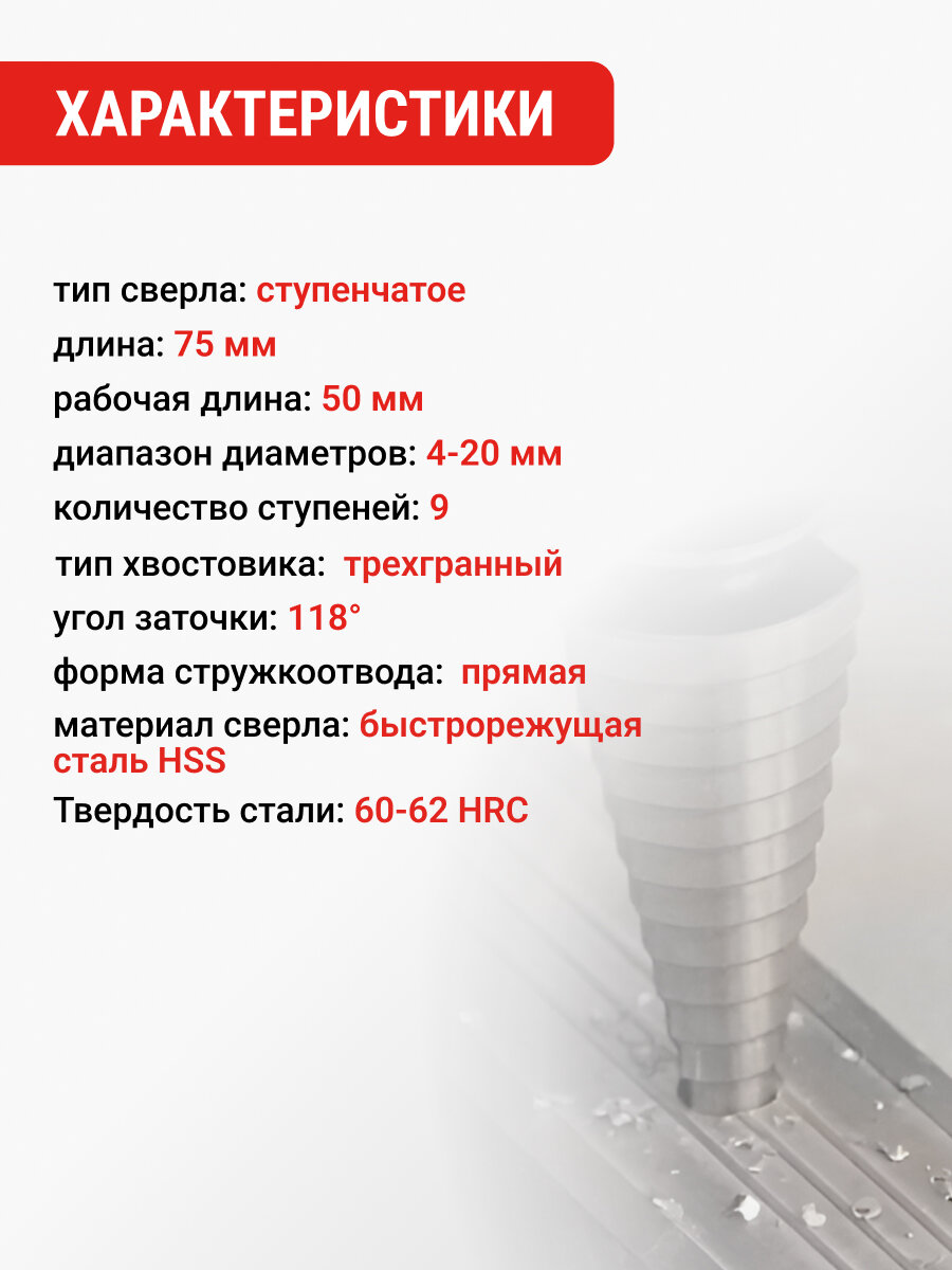 Сверло ступенчатое по металлу с трехгранным хвостовиком 4 - 20 мм VIRA — фото 1