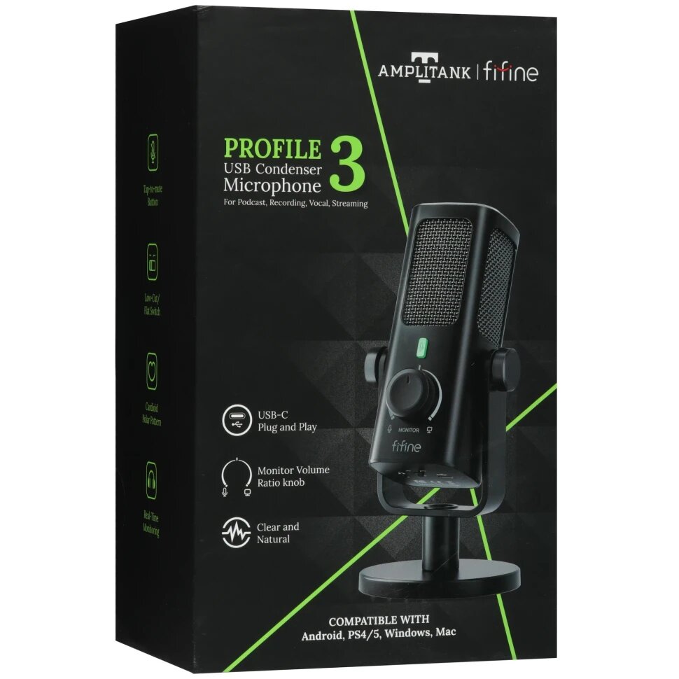 Микрофон Fifine Profile3, проводной, настольный, USB Type-C, черный