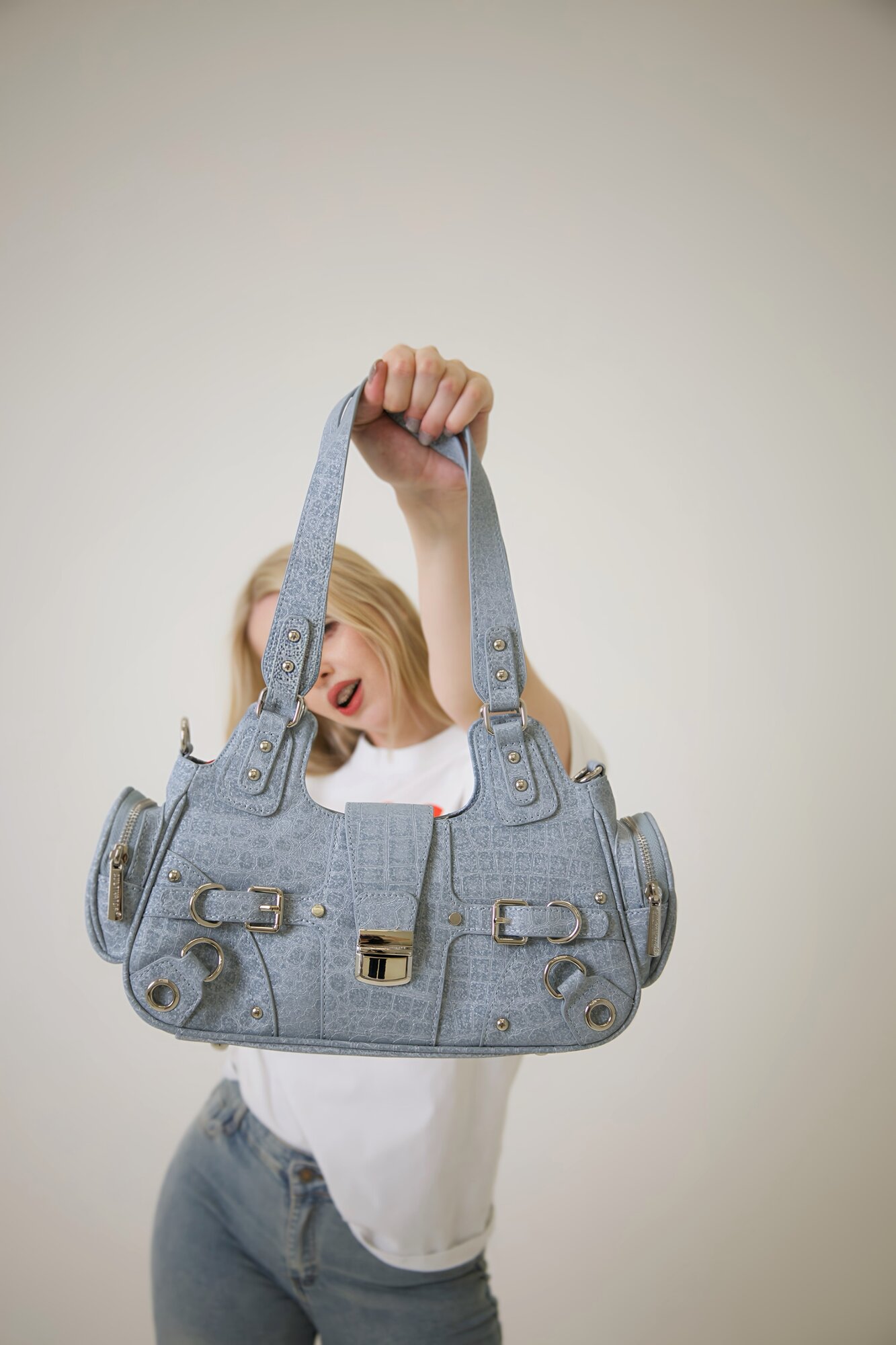 Сумка тоут CULTIVATOR, фактура бархатистая, под рептилию, рельефная, тиффани — фото 1