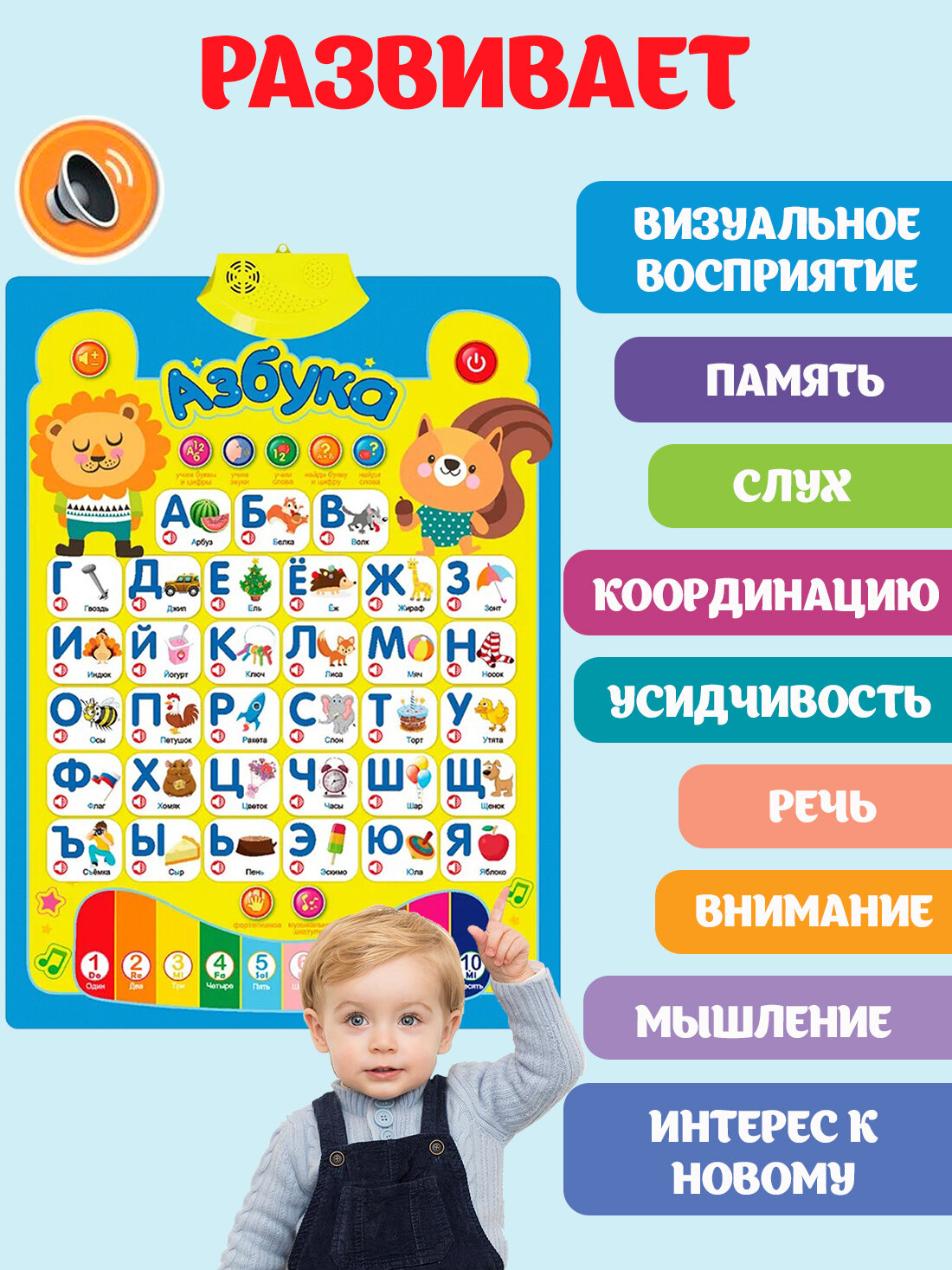 Азбука говорящая алфавит плакат для малышей, обучающий и электронный букварь для детей, учим буквы, русский язык, цифры, звуки и слова, музыкальная и интерактивная азбука — фото 1