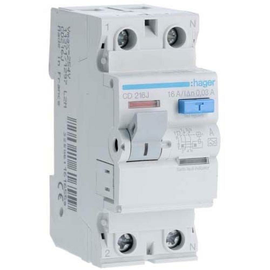 УЗО HAGER CD216J на DIN-рейку тип A 2 полюса 16A IP20 2 модуля