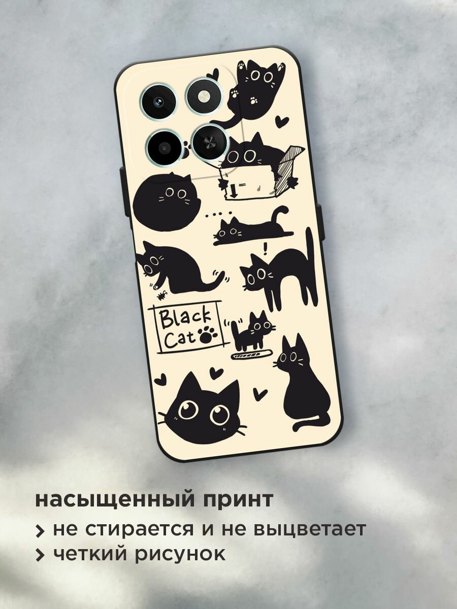 Черный матовый чехол на Honor X6c / Хонор X6c с принтом "Чёрный котик рисунки" — фото 1
