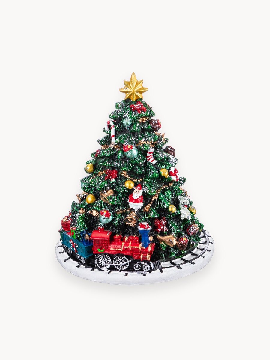 Музыкальная карусель Elan Gallery Рождественская ель с железной дорогой, 12х12х14,5 см, механическая фигурка, статуэтка