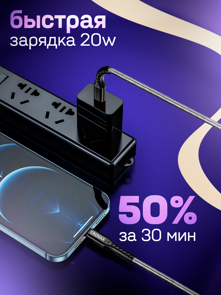 Кабель usb type c - lightning, 20W, CRONAX, 1 метр. Провод для айфона. Шнур для быстрой зарядки, нейлон, черный — фото 1