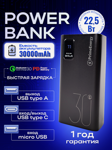 Изображение товара Повербанк Powerbank 30000mah с быстрой зарядкой, внешний аккумулятор для телефона iPhone, Xiaomi, Samsung, черный
