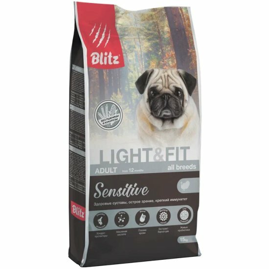 Корм сухой Blitz (pet) Blitz Adult Light&Fit Sensitive для взрослых собак всех пород с лишним весом, с индейкой, 1,8 кг