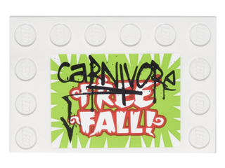 Tile, Modified 4 x 6 with Studs on Edges with Black 'CaRNIVORe' Graffiti over Red and White 'FREE FALL!' Pattern (Sticker) - Set 76035, 6180pb093 White U
