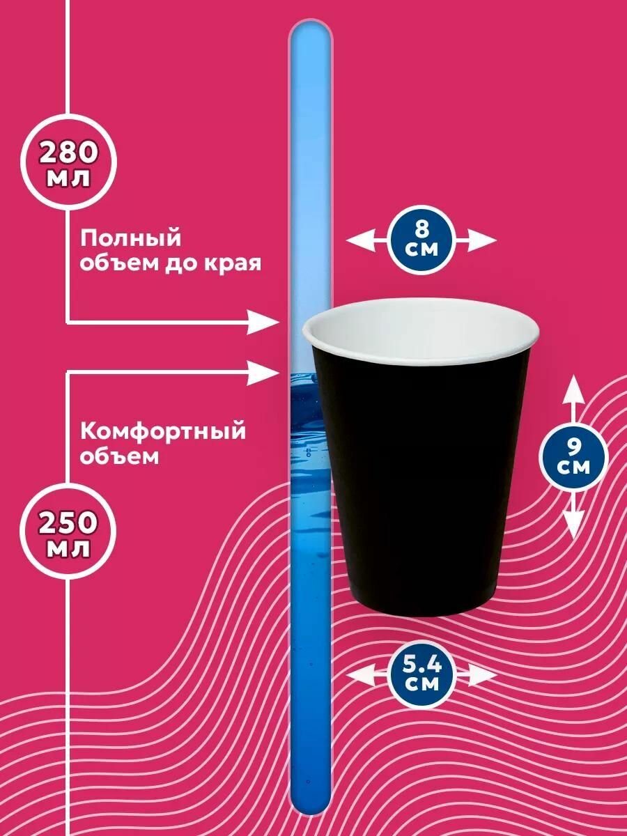Набор одноразовых стаканов гриникс, объем 250 мл 50 шт. черные, бумажные, однослойные, для кофе, чая, холодных и горячих напитков — фото 1