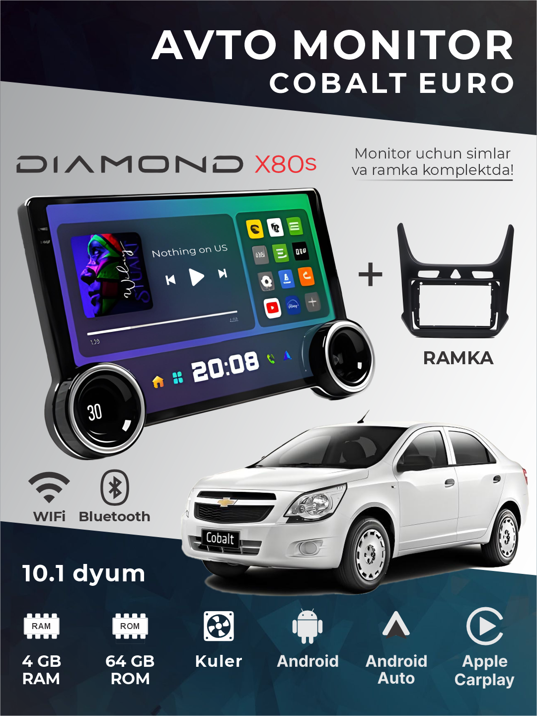 Авто монитор Tesla / Diamond X80 2K, 10.1 дюйма 4+64 ГБ, WiFi кулер, с рамкой и кабелями
