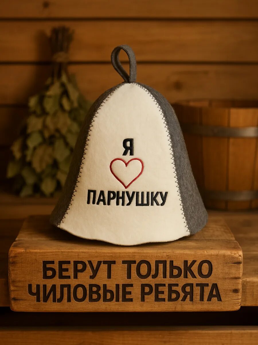 Шапка для бани Я И БАНЬКА  Я Люблю Парнушку   шерсть полиэстер  обхват 58 см  цвет серый белый черный красный