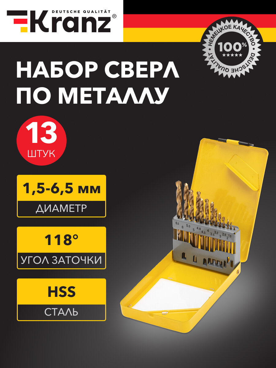 Cверла по металлу 1,5-6,5мм НSS, ТИТАН 13 штук в комплекте KRANZ