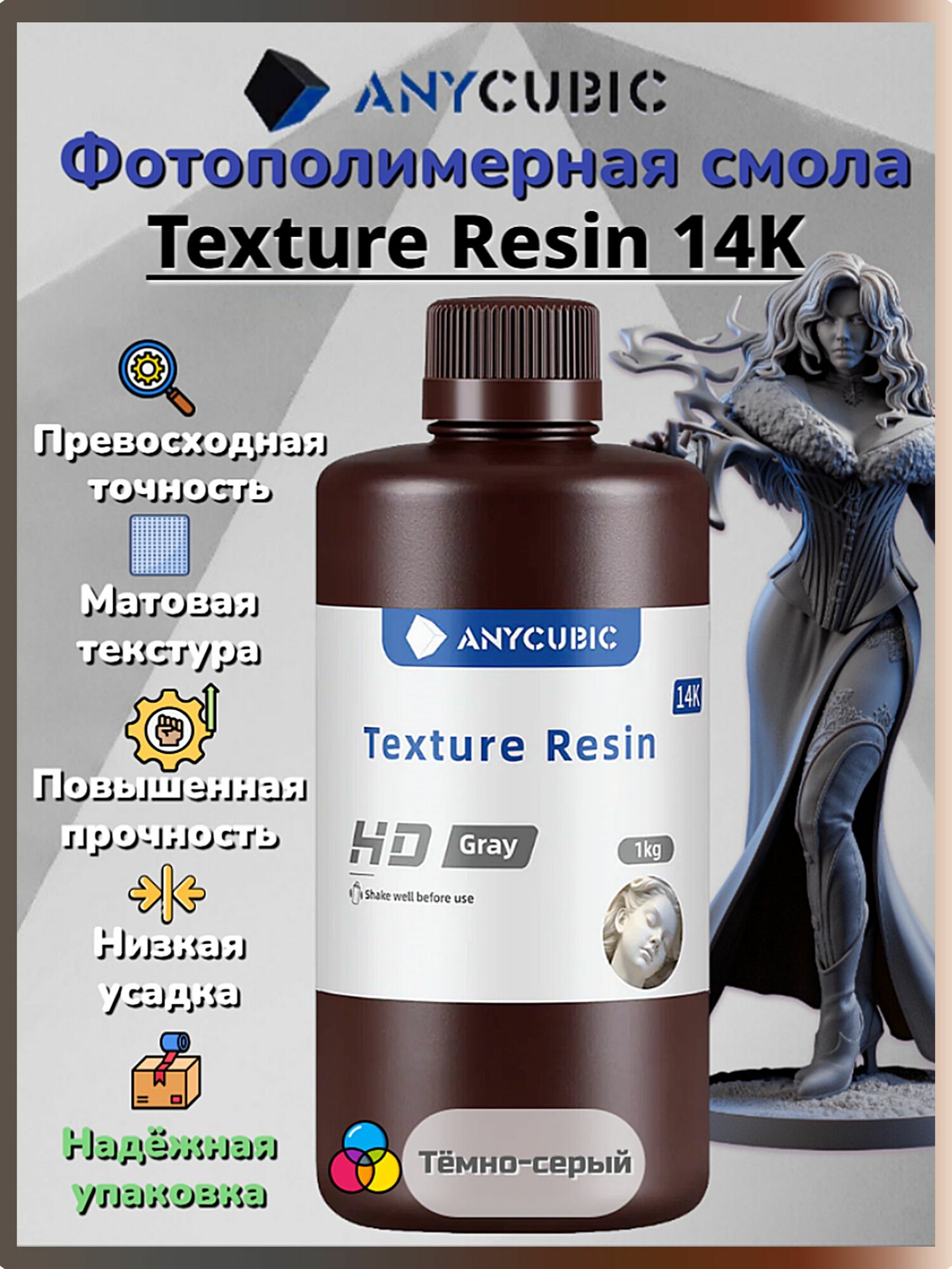Фотополимерная смола Anycubic Texture Resin 14K текстурная, высокоточная, Тёмно-серая (HD Gray), 1кг