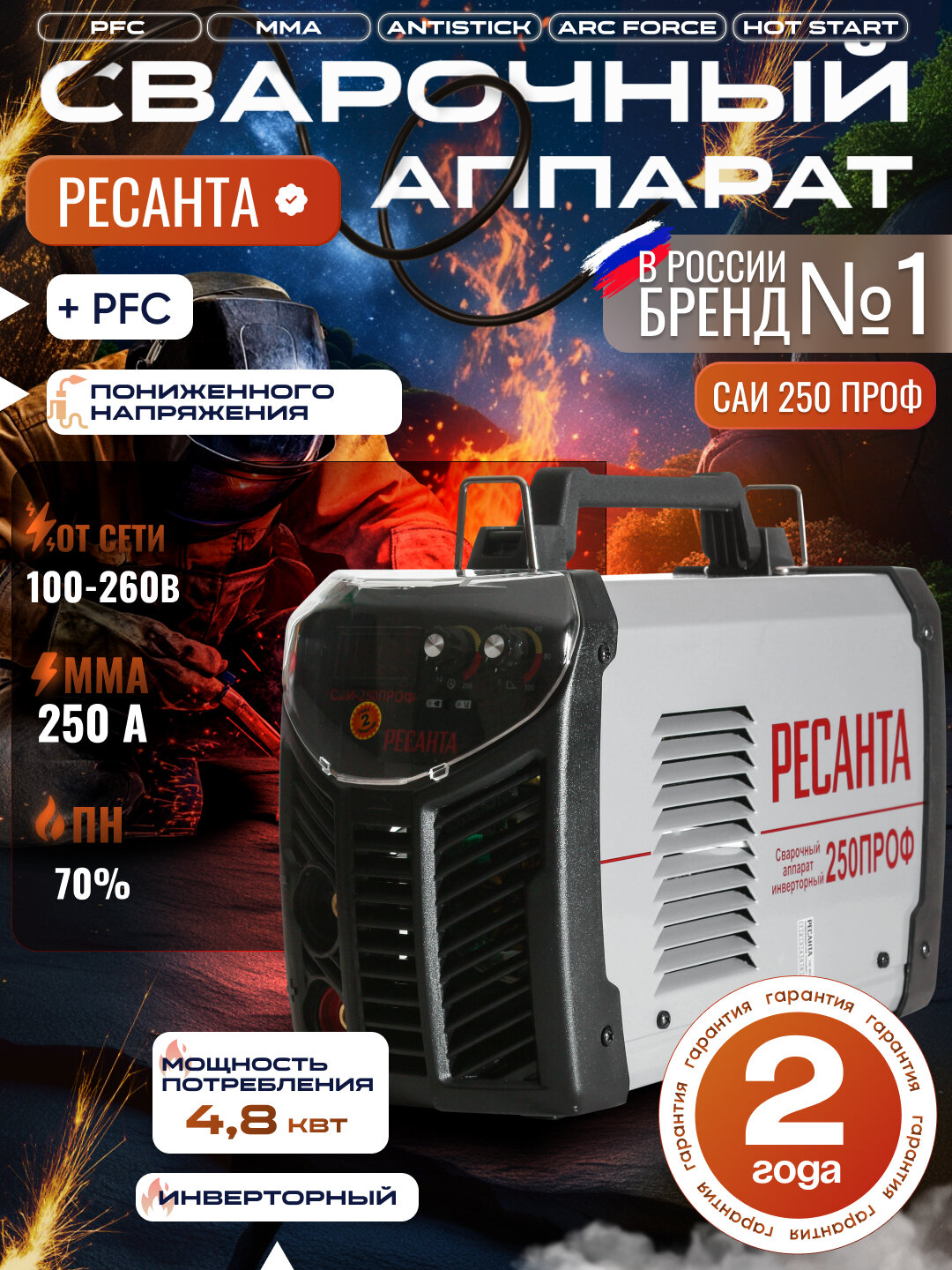 Сварочный аппарат инверторный САИ 250ПРОФ Ресанта, ММА, 10-250А, 4.8кВт