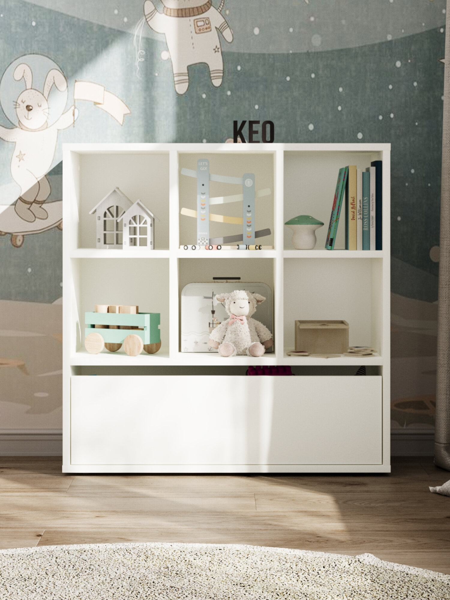 Стеллаж напольный 75х73.8х30.3 см для игрушек книг белый с ящиком в спальню гостиную детскую на балкон Кео СТЖ-438 — фото 1