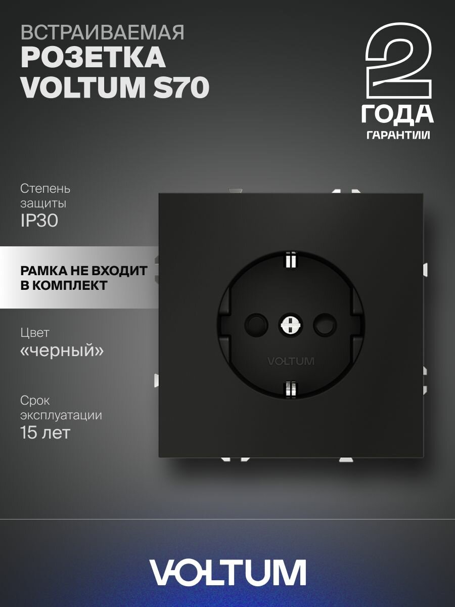 Розетка встраиваемая с заземлением и защитными шторками Voltum 16А цвет черный матовый