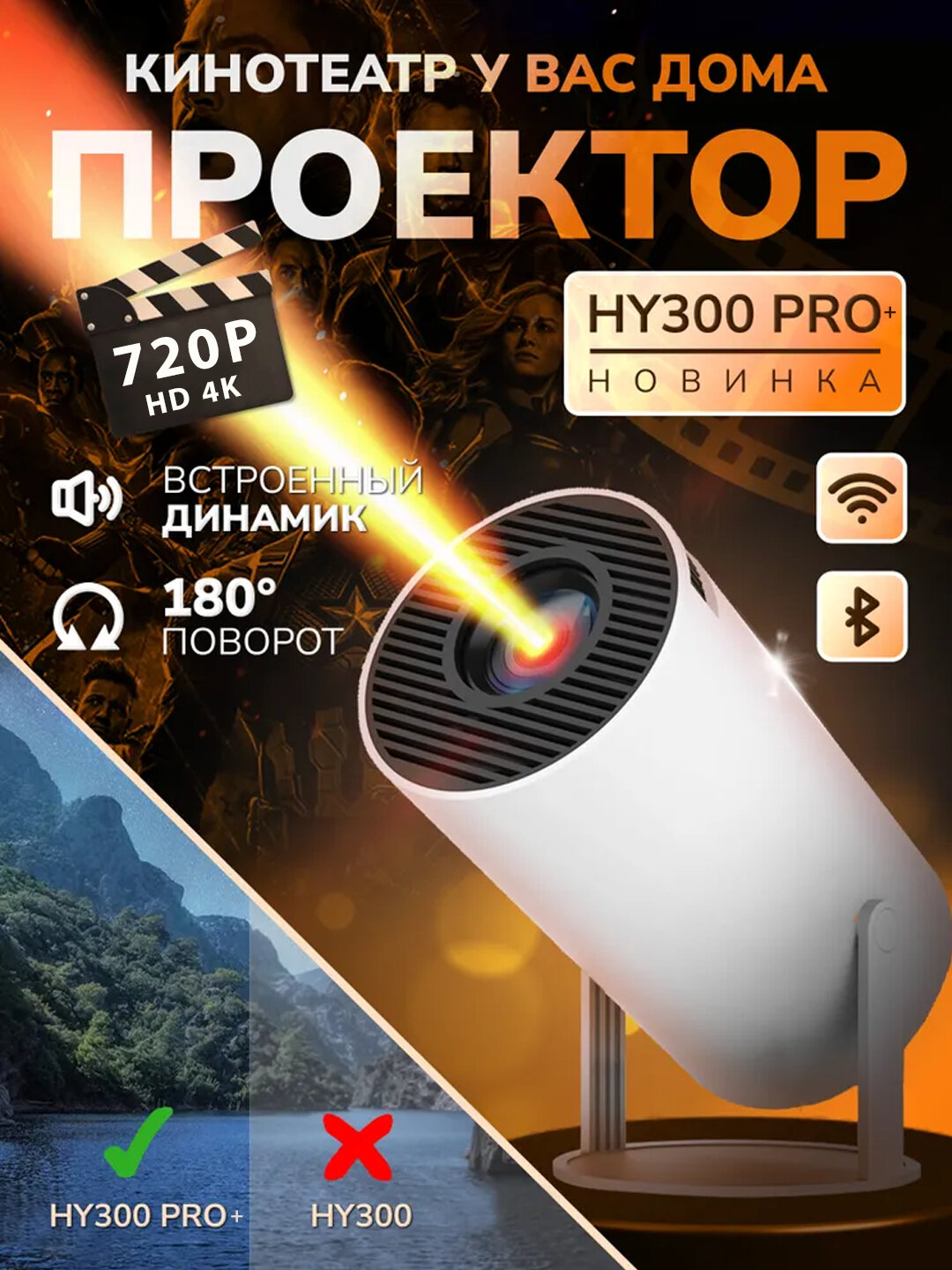 Смарт проектор для фильмов HY300 PRO+, с WI-FI 6, YouTube, с браузером Android 11