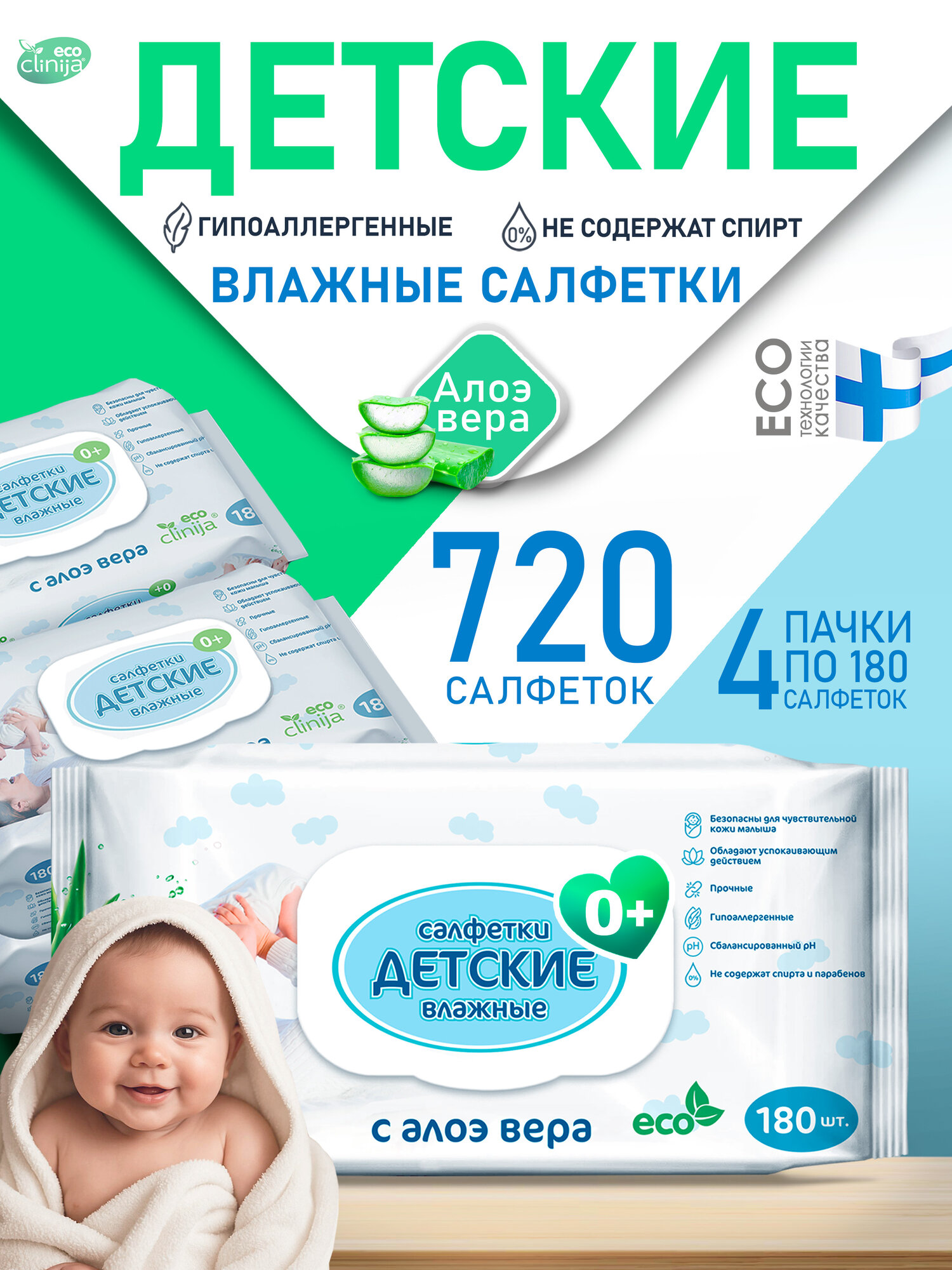 Влажные салфетки детские Eco антибактериальные, 4 упаковки по 180 шт
