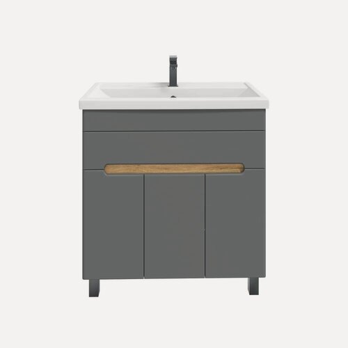 Изображение товара Тумба с раковиной SanStar Модена 80 напольная, 81, 5 см, серая, светлое дерево, матовая, из МДФ, с ящиками, с дверками, раковина для ванной, фарфоровая, прямоугольная, встроенный слив-перелив