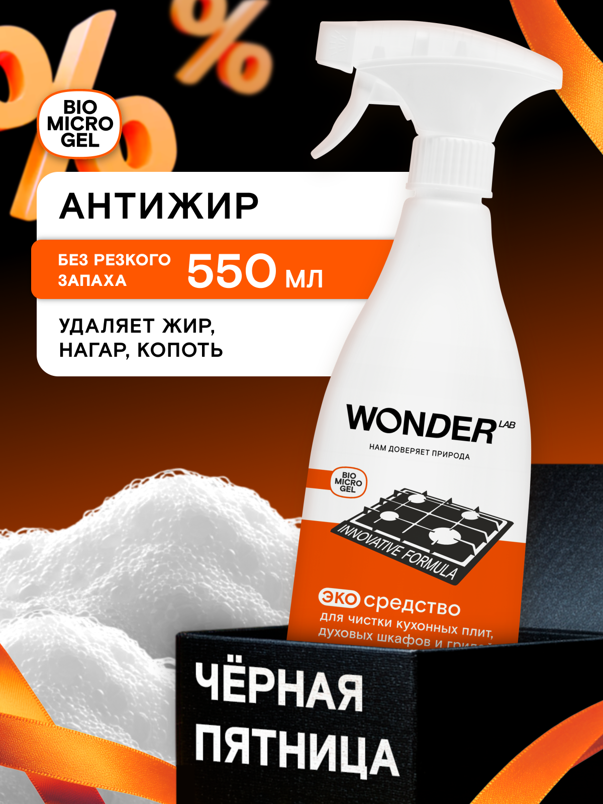 Антижир для кухни без запаха чистящее средство для плит духовок и грилей Wonder Lab против стойкой грязи жира и нагара 550 мл