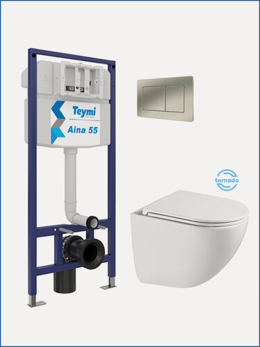 Изображение товара Инсталляция с унитазом комплект 5 в 1 Teymi унитаз подвесной безободковый Lina Vortex 3 поколения кнопка нержавеющая сталь F16291
