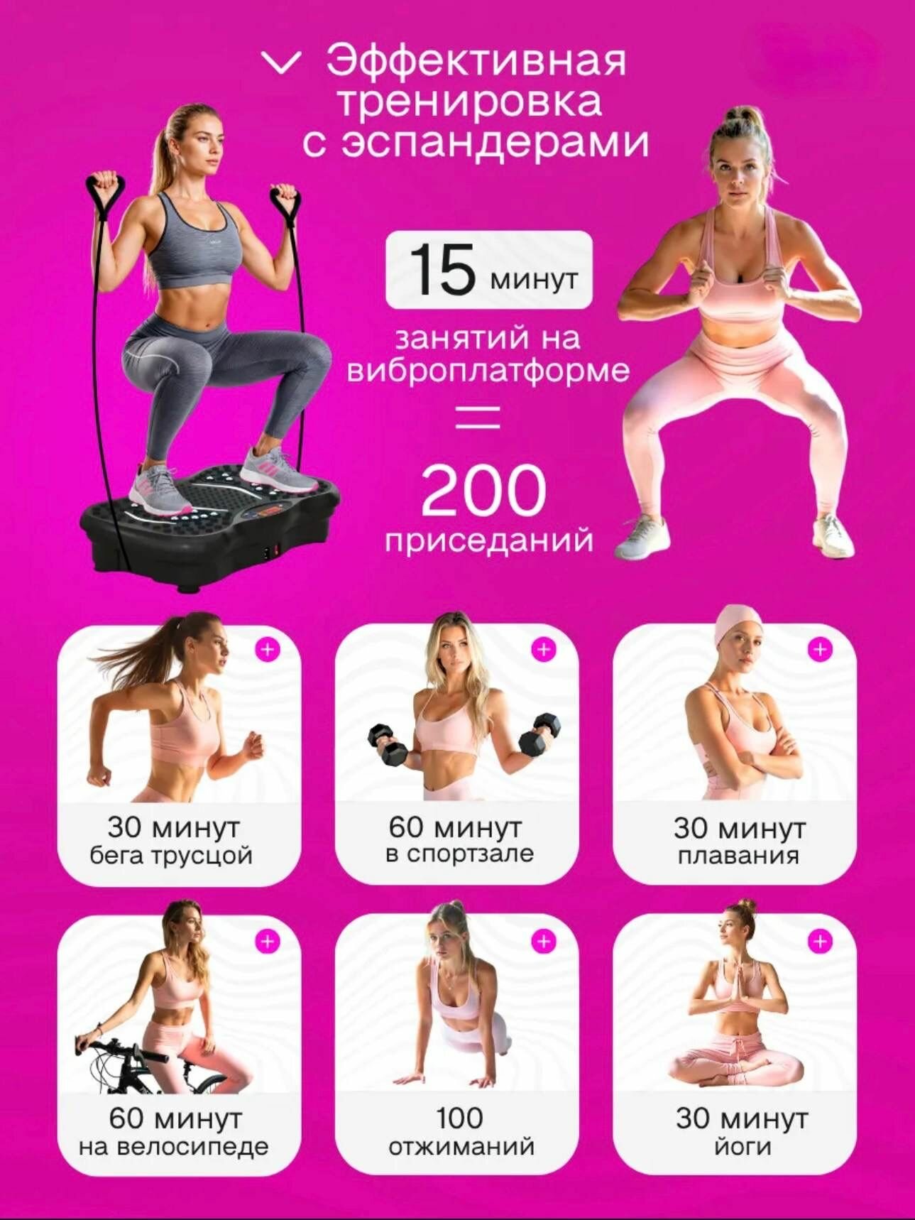 Виброплатформа, для похудения, тренажер домашний, эспандеры, пульт ДУ, синхронизация с музыкой — фото 1