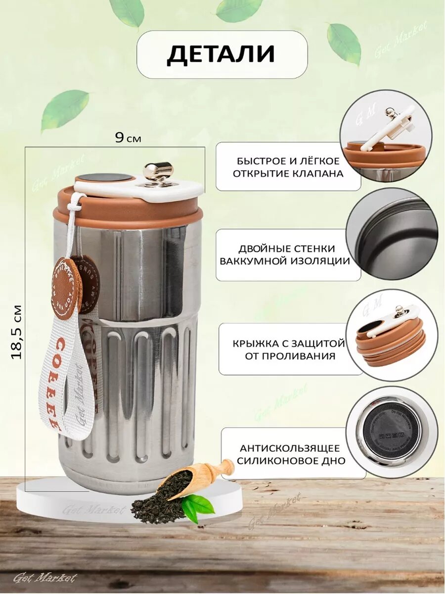 Термокружка, 450мл, с датчиком температуры, для чая/кофе, термос — фото 1