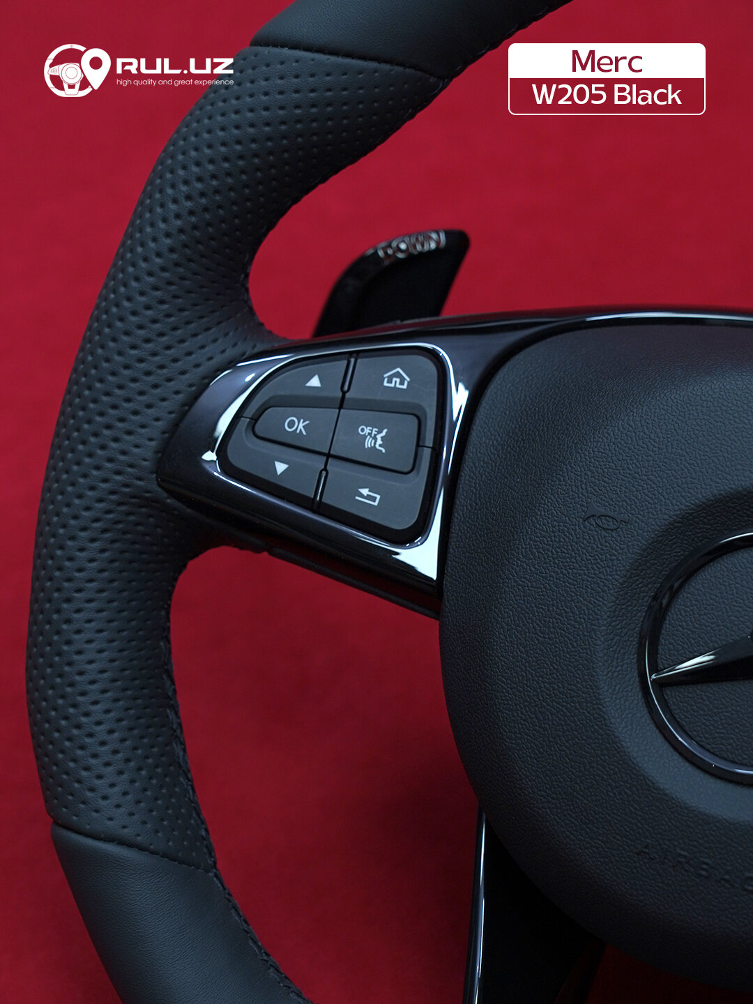 Руль Mers 205 BLACK, чёрный, глянцевый, перфорированный, для нескольких моделей автомобилей — фото 1