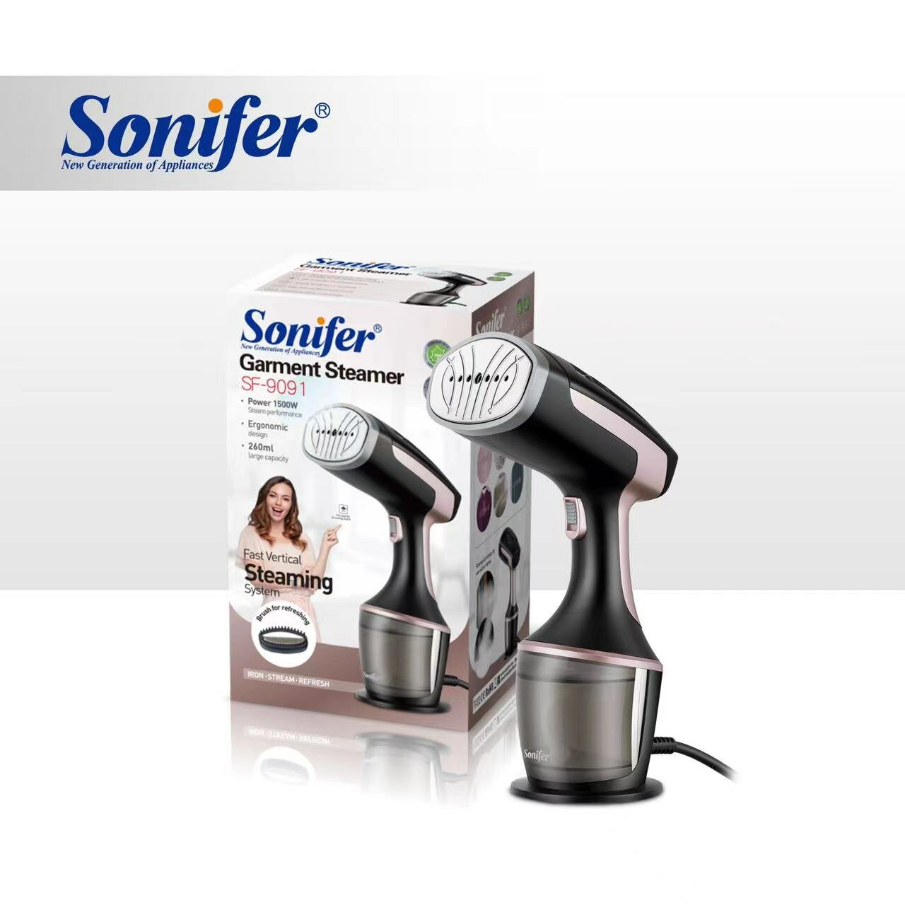 Sonifer SF‑9091 — это ручной паровой отпариватель / утюг для ухода за одеждой и другими текстильными изделиями