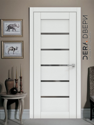 Изображение товара Дверь межкомнатная Дера 683 глухая в комплекте. ПВХ, Арктик, МДФ, вставка-стекло лакобель черный, 60х200 см. 1 шт.