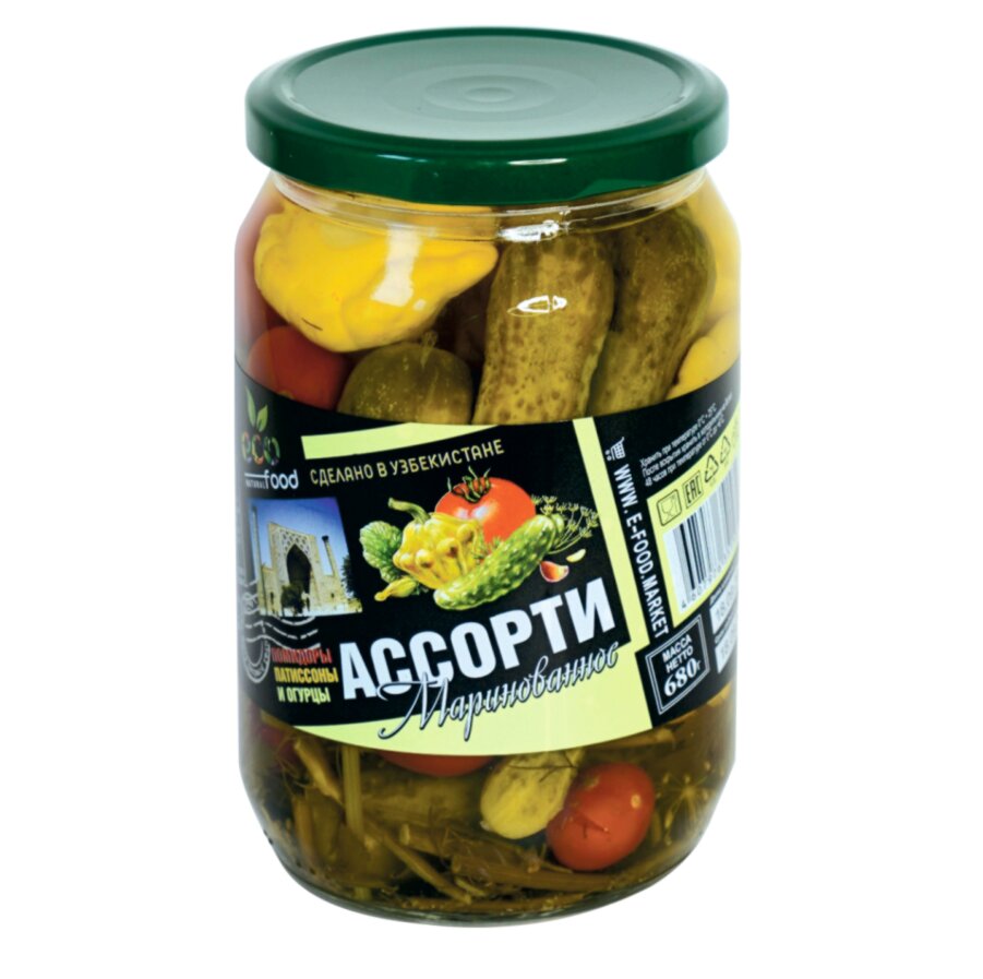 Ассорти (помидоры, патиссоны и огурцы) маринованное 680г (Ecofood)