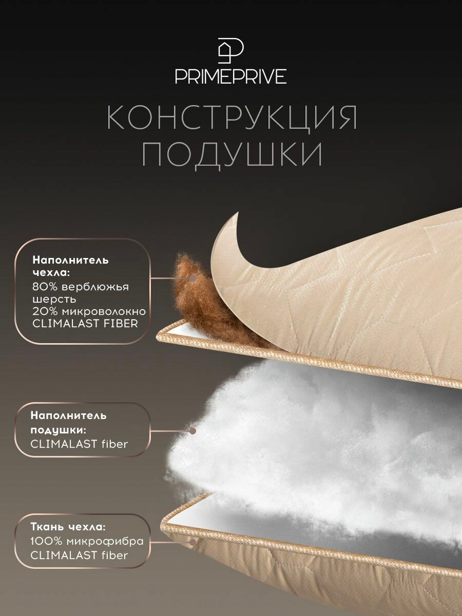 PRIME PRIVE Подушка для сна 70х70 "Camel Softy" стеганая, верблюжья шерсть, микроволокно "Climalast" — фото 1