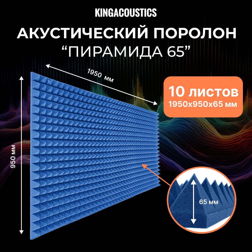 Акустический поролон Пирамида 65 / 10 листов 1950х950х65мм синий цвета