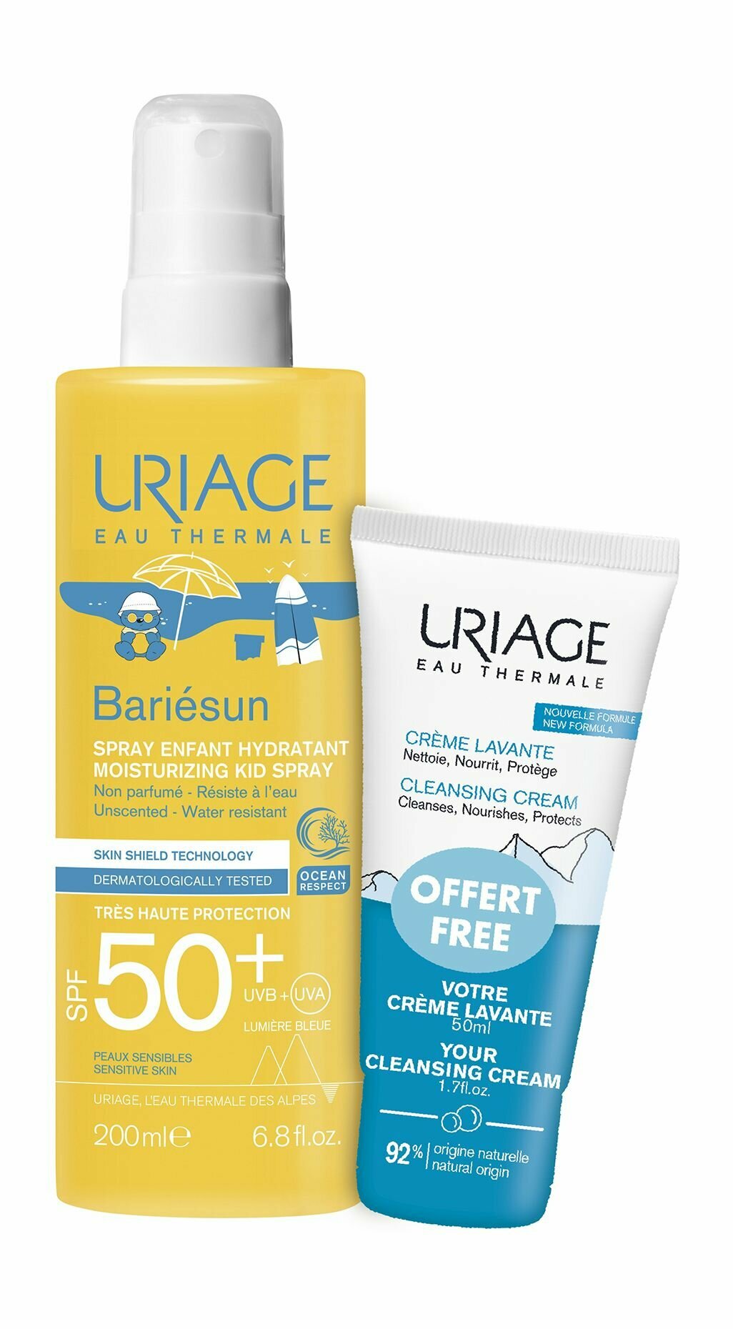 URIAGE Набор "Барьесан SPF50+" (Спрей увлажняющий для детей 200 мл + Кремя очищающий пенящийся 50 мл)