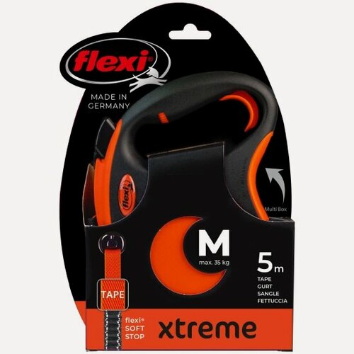 Изображение товара Поводок-рулетка Flexi Xtreme tape M, 5м, 35 кг, черно-оранжевый