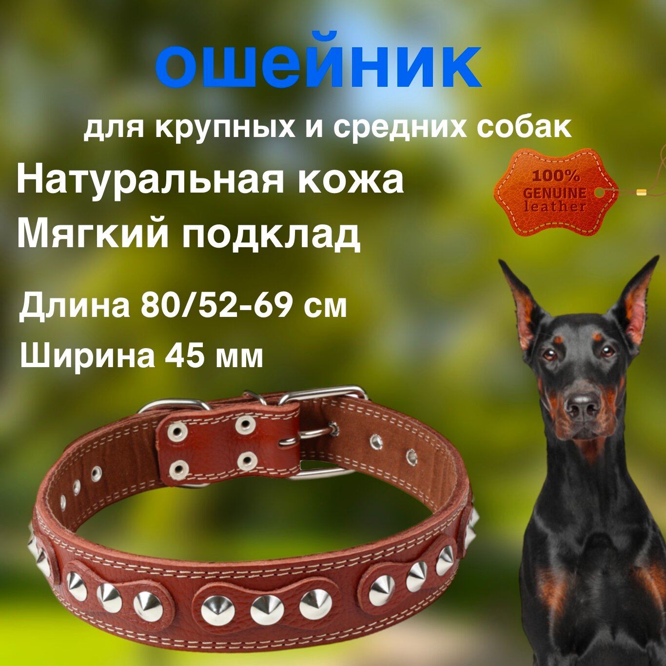 Ошейник, для собак крупных пород, из натуральной кожи, с шипами, с подкладом/светло-коричневый