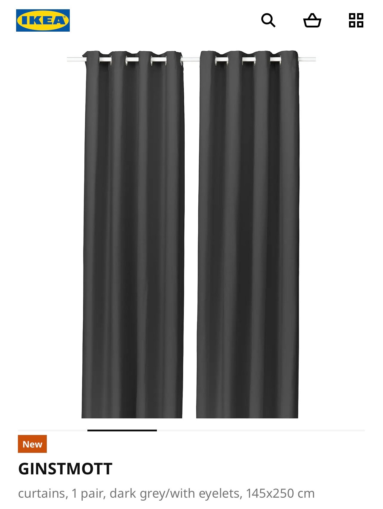 Шторы GINSTMOTT IKEA, 1 пара, темно-серый/с люверсами, 145x250 см