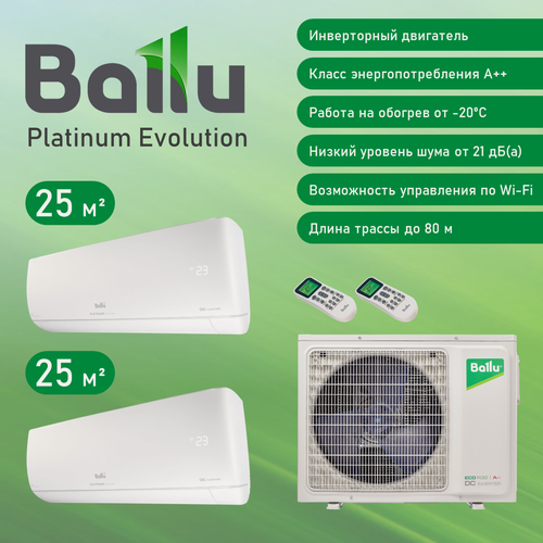 Изображение товара Мульти сплит система Ballu Platinum Evolution DC inverter на 2 комнаты 25 и 25 м2, 6 кВт, А++, белый кондиционер