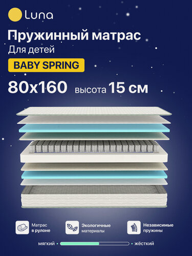 Изображение товара Детский пружинный анатомический матрас Luna Baby Spring 80 х 160, высота 15 см