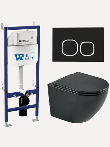 Изображение товара Комплект 6 в 1 WeltWasser: подвесной унитаз MERZBACH 043 MT-BL черный матовый+кнопка смыва BAMBERG BL черный+инсталляция BAMBERG 460