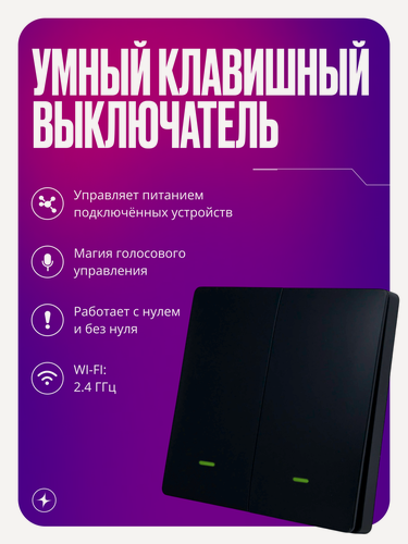 Изображение товара Умный выключатель Wi-Fi, двухклавишный, черный, с подсветкой, импульсный, с нулем и без нуля, умный дом