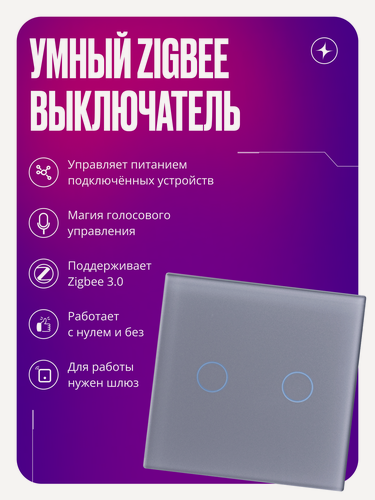 Изображение товара Умный сенсорный выключатель Zigbee, двухклавишный, без нуля и с нулем, стеклянный, умный дом, серый