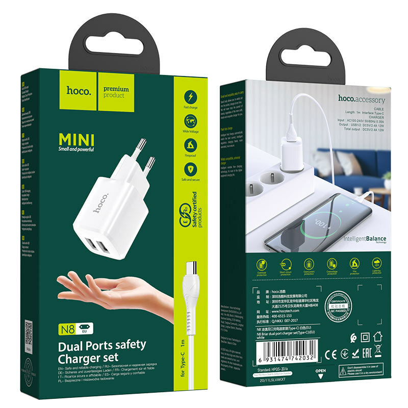 Зарядное устройство Hoco N8 Briar, 1×USB 5В/2.4А, EU-вилка, кабель Type-C 1м в комплекте, огнеупорный корпус