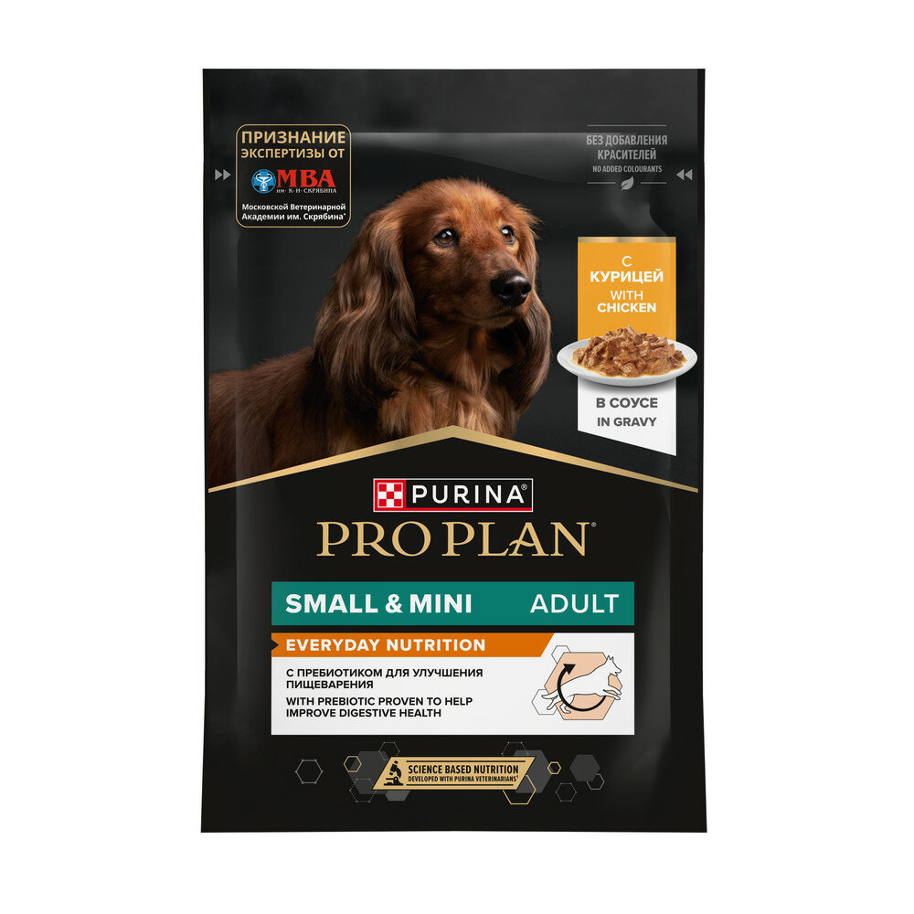 Влажный корм Pro Plan® для взрослых собак мелких и карликовых пород, с курицей в соусе, Пауч, 85 г