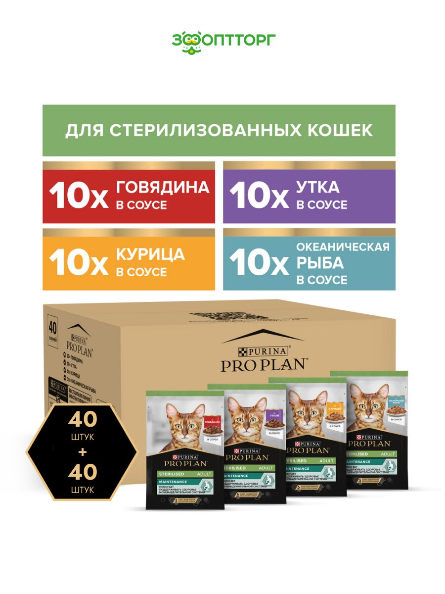 Pro Plan Nutrisavour Sterilised набор паучей для стерилизованных кошек и котов (кусочки в соусе) 85 г. х 80 шт