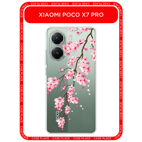фото Чехол на poco x7 pro / поко x7 про с принтом розовая сакура, прозрачный case place